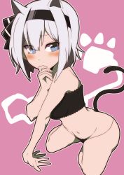 Rule 34 | 1girl, animal ears, bandeau, bare arms, bare shoulders, black hairband, black ribbon, blue eyes, blush, breasts, cat ears, cat tail, commentary request, hair between eyes, hair ribbon, hairband, hand to own mouth, hand up, highres, kemonomimi mode, konpaku youmu, looking at viewer, medium breasts, navel, outline, partial commentary, paw print, pink background, ribbon, short hair, sidelocks, silver hair, simple background, solo, stomach, tail, tatundajo2012, thighs, touhou, white outline