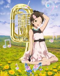 Rule 34 | 10s, 1girl, ;d, barefoot, bass clef, beamed quavers, black gloves, brown hair, cloud, crotchet, day, dress, feet, flower, full body, glass slipper, gloves, grass, hair flower, hair ornament, hibike! euphonium, highres, instrument, jewelry, katou hazuki, looking at viewer, musical note, necklace, official art, one eye closed, open mouth, outdoors, plant, quaver, scan, short hair, sitting, smile, solo, tuba, vines