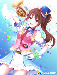 Rule 34 | 1girl, :d, amage kanade, bad id, bad pixiv id, brown eyes, brown hair, choker, confetti, gloves, hair ornament, hairclip, hand on own hip, hat, highres, holding, instrument, long hair, looking at viewer, mini hat, mini top hat, open mouth, original, ponytail, smile, solo, top hat, trumpet, white gloves