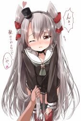 Rule 34 | 10s, 1girl, amatsukaze (kancolle), blush, brown dress, buttons, choker, commentary request, dress, garter straps, gloves, hair tubes, hat, heart, highres, holding, holding own hair, kantai collection, leaning forward, lifebuoy, long hair, long sleeves, mini hat, one eye closed, open mouth, pentagon (railgun ky1206), pov, pov hands, red thighhighs, sailor collar, sailor dress, short dress, silver hair, simple background, single glove, solo focus, swim ring, thighhighs, translation request, two side up, white background, white gloves