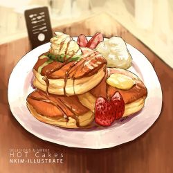 Rule 34 | artist name, english text, food, food focus, fruit, nadia kim, no humans, original, pancake, pastry, plate, souffle pancake, still life, strawberry, syrup, table