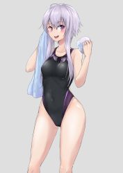 Rule 34 | 1girl, black one-piece swimsuit, breasts, competition swimsuit, contrapposto, cowboy shot, goggles, goggles around neck, grey background, highleg, highleg swimsuit, highres, nib pen (medium), one-piece swimsuit, purple eyes, purple hair, short hair with long locks, simple background, small breasts, smile, solo, standing, swimsuit, towel, traditional media, vocaloid, voiceroid, white towel, yuzuki yukari, zooanime