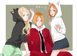 Rule 34 | 1boy, 2girls, age difference, animal hood, arm support, arm up, black hoodie, black skirt, blonde hair, border, brown eyes, brown hair, cat hood, caya ky, green eyes, green nails, green skirt, haiba arisa, haikyuu!!, hair ornament, hairclip, height difference, hood, hood up, hoodie, jacket, kozume kenma, long hair, long skirt, looking at viewer, multiple girls, nail polish, open clothes, open jacket, open mouth, pleated skirt, short hair, sitting, skirt, sleeves rolled up, smile, twintails, white hoodie, yamamoto akane