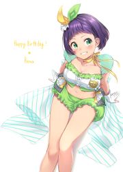 Rule 34 | 1girl, absurdres, aqua eyes, araki rena, blush, bow, breasts, character name, choker, cleavage, crop top, frilled shorts, frills, gloves, green shorts, grin, hair bow, happy birthday, highres, looking away, medium breasts, midriff, multicolored bow, navel, partially fingerless gloves, puffy shorts, purple hair, ribbon, ribbon choker, sash, short hair, shorts, sitting, smile, solo, thigh gap, tokyo 7th sisters, umeno (shio1205), white background, white gloves, yellow ribbon