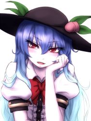 Rule 34 | 1girl, black hat, blouse, blue hair, blush, bow, bowtie, commentary request, food, frilled shirt, frills, fruit, hair between eyes, hand up, hat, head rest, head tilt, hinanawi tenshi, leaf, long hair, looking at viewer, miata (miata8674), open mouth, peach, puffy short sleeves, puffy sleeves, red bow, red bowtie, red eyes, shirt, short sleeves, simple background, smile, solo, touhou, v-shaped eyebrows, white background, white shirt, wing collar