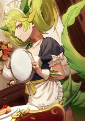 Rule 34 | 1girl, apron, black dress, brown eyes, brown flower, brown rose, chair, closed mouth, collarbone, commentary request, dragon girl, dragon horns, dragon tail, dress, duel monster, fagi (kakikaki), flower, food, food on face, frilled apron, frills, from side, green hair, highres, holding, holding tray, horns, indoors, looking at viewer, looking to the side, parlor dragonmaid, puffy short sleeves, puffy sleeves, red flower, red rose, rose, short sleeves, solo, standing, table, tail, tail raised, tray, waist apron, white apron, wrist cuffs, yellow flower, yellow rose, yu-gi-oh!