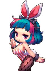 Rule 34 | 1girl, animal ears, blue hair, breasts, character request, chibi, cleavage, detached collar, fake animal ears, fishnet pantyhose, fishnets, happening18, leotard, looking at viewer, maplestory, mole, mole under eye, multicolored hair, open mouth, pantyhose, playboy bunny, rabbit ears, rabbit tail, red eyes, red hair, short hair, windy4th, wrist cuffs
