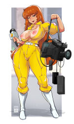 Rule 34 | 1girl, alternate hair length, alternate hairstyle, april o&#039;neil, bayeuxman, belt, boots, breasts, camera, full body, half-closed eyes, highres, holding, holding microphone, jumpsuit, large breasts, long hair, looking at viewer, microphone, open mouth, puffy nipples, short hair, smile, solo, standing, tan, tanline, teenage mutant ninja turtles, thick thighs, thighs, white footwear, wide hips, yellow jumpsuit