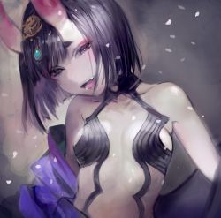 Rule 34 | 1girl, bare shoulders, bob cut, breasts, collarbone, fang, fate/grand order, fate (series), highres, horns, japanese clothes, jewelry, kimono, looking at viewer, off shoulder, oni, open clothes, open kimono, open mouth, petals, purple eyes, purple hair, short hair, shuten douji (fate), small breasts, solo, teeth, tomatika, tongue, upper body