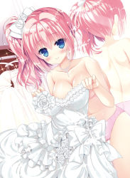 Rule 34 | 1girl, blue eyes, blush, bow, breasts, cameltoe, cleavage, collarbone, cowboy shot, dress, dutch angle, hair bow, highres, holding, holding clothes, holding dress, jewelry, kizuki erika, large breasts, long hair, looking at viewer, mirror, navel, necklace, original, panties, pink hair, pink panties, side ponytail, sleeveless, sleeveless dress, smile, solo, sparkle, standing, strapless, strapless dress, topless, underboob, underwear, underwear only, unworn dress, wedding dress, white bow, white dress