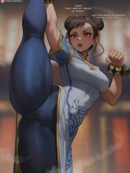 Rule 34 | 1girl, blue pantyhose, blurry, blurry background, bracelet, breasts, brown hair, capcom, china dress, chinese clothes, chun-li, clenched hand, commentary, double bun, dress, english text, hair bun, highres, jewelry, medium breasts, open mouth, pantyhose, patreon username, red eyes, shexyo, short hair, solo, split, standing, standing on one leg, standing split, street fighter, street fighter 6, white dress