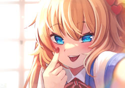 Rule 34 | 1girl, akai haato, akai haato (1st costume), akanbe, backlighting, blonde hair, blue eyes, blush, commentary request, eyelid pull, finger to eye, hair between eyes, hair ornament, heart, heart hair ornament, highres, hololive, long hair, looking at viewer, magowasabi, nail polish, portrait, red nails, shirt, short sleeves, solo, teeth, tongue, tongue out, upper teeth only, virtual youtuber, white shirt