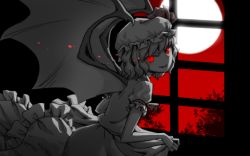 Rule 34 | 1girl, bat wings, full moon, hat, holding clothes, holding skirt, looking at viewer, looking back, meimaru inuchiyo, moon, red eyes, red sky, remilia scarlet, ribbon, skirt, sky, smile, solo, spot color, touhou, vampire, window, wings