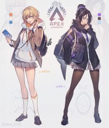 Rule 34 | 2girls, adapted costume, animification, apex legends, arrow (symbol), backpack, bag, black footwear, black hair, black jacket, black legwear, black scarf, blonde hair, blue eyes, breasts, brown jacket, buttons, cellphone, character name, closed mouth, color guide, commentary, copyright name, earbuds, earphones, full body, grey background, grey skirt, highres, hood, hoodie, jacket, charm (object), long sleeves, looking at viewer, medium breasts, miniskirt, mizutama (mao11260510), multiple girls, necktie, open clothes, open jacket, pantyhose, parted bangs, phone, pleated skirt, purple neckwear, scarf, scrunchie, shoes, short hair, shoulder bag, simple background, skirt, smartphone, smile, socks, standing, thighs, tongue, tongue out, topknot, twitter username, wattson (apex legends), white hoodie, white legwear, wraith (apex legends), zoom layer