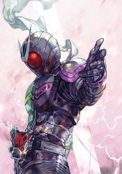 Rule 34 | 1boy, antennae, armor, belt, electricity, from side, full armor, gaia memory, helmet, hungry clicker, kamen rider, kamen rider double, kamen rider w, looking down, outstretched arm, pointing, pointing at viewer, scarf, solo, upper body