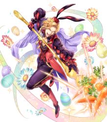Rule 34 | 1boy, animal ears, blonde hair, boots, bow, cape, carrot, easter egg, egg, fire emblem, fire emblem: the binding blade, fire emblem heroes, flower, fork, full body, gloves, hat, highres, leaf, male focus, narcian (fire emblem), nintendo, official alternate costume, official art, one eye closed, open mouth, rabbit ears, solo, sparkle, teeth, transparent background, yamada koutarou, yellow eyes