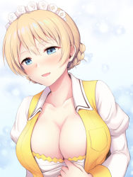 Rule 34 | 1girl, blonde hair, blue background, blue eyes, blush, bra, bra tug, braid, breasts, chacharan, cleavage, coco&#039;s, collarbone, collared shirt, commentary request, darjeeling (girls und panzer), french braid, girls und panzer, highres, large breasts, long sleeves, looking at viewer, maid headdress, open clothes, open mouth, open shirt, shirt, short hair, smile, solo, swept bangs, underwear, upper body, waitress, white bra, white sleeves, yellow shirt
