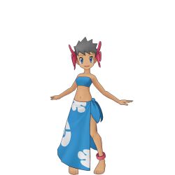 Rule 34 | 1girl, anklet, bare legs, bare shoulders, barefoot, blue eyes, blue sarong, creatures (company), dark-skinned female, dark skin, elite four, feet, flower, flower on head, game freak, jewelry, legs, midriff, navel, nintendo, official art, open mouth, phoebe (pokemon), pink flower, pokemon, pokemon masters ex, posing for the viewer, sarong, short hair, smile, thighs, toes
