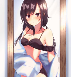 Rule 34 | 1girl, bad id, bad pixiv id, bare shoulders, bikini, black bikini, blush, breasts, brown eyes, brown hair, cleavage, closed mouth, collarbone, commentary request, ebihara beniko, highres, lab coat, long hair, long sleeves, looking at viewer, low twintails, medium breasts, mirror, off-shoulder bikini, off shoulder, open clothes, original, reflection, sidelocks, sleeves past fingers, sleeves past wrists, solo, swimsuit, twintails, very long hair