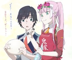 Rule 34 | 10s, 1boy, 1girl, animal, apron, bad id, bad twitter id, black hair, blue eyes, commentary request, couple, darling in the franxx, dough, fish, flower, fringe trim, green eyes, hair flower, hair ornament, height difference, hetero, high ponytail, highres, hiro (darling in the franxx), holding, holding animal, holding fish, holding knife, horns, knife, leje39, long hair, military, military uniform, necktie, oni horns, orange neckwear, pink hair, ponytail, red apron, red horns, red neckwear, short hair, sleeves rolled up, sweatdrop, translation request, uniform, zero two (darling in the franxx)