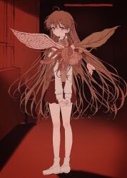 Rule 34 | 1girl, ahoge, asymmetrical wings, blush, body horror, brown eyes, brown hair, expressionless, feathered wings, full body, highres, indoors, leaf wings, long hair, looking at viewer, looking back, mismatched wings, own hands together, sayonara wo oshiete, school uniform, shoes, sketch, skirt, solo, sugamo mutsuki, tendril, uwabaki, very long hair, vest, wings, yuyuyuyhz