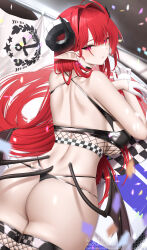 Rule 34 | 1girl, absurdres, ass, azur lane, bare arms, bare shoulders, black panties, breasts, closed mouth, earrings, flag, fouriasensei, from behind, gloves, hair intakes, heart, heart earrings, highres, hindenburg (azur lane), horns, jewelry, large breasts, long hair, looking at viewer, looking back, low wings, mole, mole under eye, panties, pointy ears, race queen, red eyes, red hair, see-through, solo, thighhighs, thong, underwear, white gloves, wings