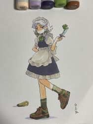 Rule 34 | 1girl, alternate footwear, apron, art tools in frame, beret, blue dress, bow, broccoli, brown socks, closed mouth, commentary request, dress, expressionless, frilled skirt, frills, full body, green bow, green footwear, green hat, grey eyes, grey hair, hat, highres, holding, holding knife, izayoi sakuya, knife, looking at viewer, maid apron, maid headdress, marker, marker (medium), medium hair, orange footwear, parted bangs, photo (medium), puffy short sleeves, puffy sleeves, shiratama (hockey), shirt, shoes, short sleeves, skirt, sneakers, socks, solo, standing, standing on one leg, star (symbol), touhou, traditional media, twintails, two-tone footwear, waist apron, white apron, white shirt
