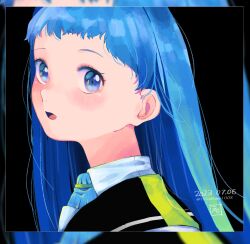 Rule 34 | 1girl, black background, black sailor collar, blue eyes, blue hair, blush, dated, eto (etonomemo1008), eyelashes, highres, kantai collection, long hair, looking at viewer, parted lips, portrait, sailor collar, samidare (kancolle), signature, simple background, solo, twitter username