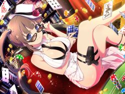 Rule 34 | 1girl, ace (playing card), ace of hearts, adjusting eyewear, blue eyes, breasts, brown hair, building, card, casino, casino card table, chair, city lights, cityscape, cleavage, coin, diamond (shape), flower, gold coin, gun, hat, heart, holster, joker (playing card), large breasts, looking at viewer, minori (senran kagura), necktie, pinstripe pattern, pinstripe shirt, pinstripe skirt, playing card, poker, poker chip, poker table, red flower, red rose, ring hair ornament, rose, senran kagura, senran kagura new link, senran kagura shinovi versus, shirt, skyscraper, smile, solo, spade (shape), striped, sunglasses, table, thigh holster, thigh strap, twintails, weapon, white hat, white shirt, window, yaegashi nan