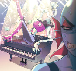 Rule 34 | 1boy, 1girl, absurdres, android, anger vein, bare shoulders, black tank top, blue skin, blurry, blurry foreground, clenched teeth, colored skin, eyeshadow, fins, full body, head fins, highres, instrument, leaning back, leg up, looking back, makeup, mechanical arms, mettaton, mettaton ex, piano, reclining, red eyeshadow, robot, sharp teeth, shoji sakura, sitting on piano, sparkle, stage lights, sweatdrop, tank top, teeth, undertale, undyne, upper body