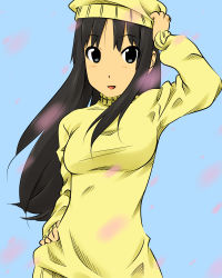 Rule 34 | 1girl, akiyama mio, alternate costume, beret, black eyes, black hair, blush, breasts, hat, highres, k-on!, long hair, long sleeves, looking at viewer, maria 1/2, open mouth, simple background, smile, solo, sweater
