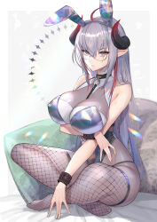 Rule 34 | 1girl, animal ears, arm under breasts, black pantyhose, breasts, cleavage, collar, cuffs, cushion, facial mark, fake animal ears, feet, fishnet thighhighs, fishnets, glasses, grey leotard, highleg, highleg leotard, highres, hitowa, horns, impossible clothes, indian style, large breasts, leash, legs, leotard, no shoes, original, pantyhose, playboy bunny, pointy ears, rabbit ears, see-through, see-through cleavage, semi-rimless eyewear, sitting, solo, thighhighs, toenails, toes, under-rim eyewear