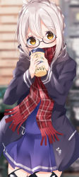Rule 34 | 1girl, absurdres, ahoge, artoria pendragon (fate), black-framed eyewear, black jacket, black thighhighs, blue shirt, blue skirt, blurry, blurry background, blush, braid, brown eyes, brown hair, commentary request, covered mouth, cowboy shot, cup, depth of field, disposable cup, fate/grand order, fate (series), fingernails, fringe trim, glasses, hair between eyes, highres, holding, holding cup, jacket, looking at viewer, mysterious heroine x alter (fate), mysterious heroine x alter (first ascension) (fate), open clothes, open jacket, plaid, plaid scarf, pleated skirt, red scarf, saint quartz (fate), scarf, semi-rimless eyewear, shirt, silver hair, skirt, solo, suisen-21, thighhighs, under-rim eyewear