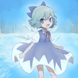 Rule 34 | 1girl, aqua hair, bad id, bad twitter id, blue bow, blue dress, blue eyes, bow, cirno, day, dress, fang, hair between eyes, hair bow, ice, ice wings, neck ribbon, open mouth, outdoors, pi p y, red ribbon, ribbon, short sleeves, skin fang, sky, snow, solo, touhou, wings