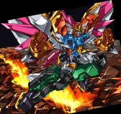 Rule 34 | clenched hands, el dorado v, flying, gao ex kaiser, green eyes, gunxsword, looking ahead, mecha, mechanical wings, lava, robot, science fiction, solo, super robot, v-fin, wings