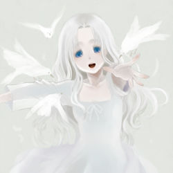 Rule 34 | 1girl, bad id, bad pixiv id, bird, blue eyes, dove, dress, female focus, foreshortening, grey theme, long hair, nagumo kuu, open mouth, original, outstretched arms, outstretched hand, reaching, ribbon, simple background, solo, white hair