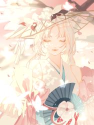 Rule 34 | 1girl, bug, butterfly, closed mouth, closed eyes, facial mark, flower, glowing butterfly, hair ornament, hat, hat flower, highres, insect, japanese clothes, kimono, light particles, light rays, long hair, onmyoji, semi-transparent, shiranui (onmyoji), solo, upper body, white butterfly, white hair, xingcha883