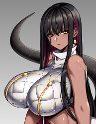 Rule 34 | 1girl, absurdres, black hair, breast zipper, colored inner hair, dark skin, earrings, grey background, highres, hime cut, hz (666v), jewelry, lamia, long hair, looking at viewer, monster girl, multicolored hair, original, red hair, scales, sleeveless, snake tail, tail, upper body, yellow eyes, zipper pull tab