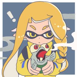 Rule 34 | !, 1girl, agent 3 (splatoon 3), blonde hair, border, braid, closed mouth, commentary request, eyebrow cut, frown, highres, inkling, inkling girl, inkling player character, long hair, low-tied long hair, nintendo, outside border, pointy ears, red eyes, side braid, single braid, smallfry (splatoon), splatoon (series), splatoon 3, sub kiiro, tentacle hair, tongue, tongue out, upper body, white border, yellow eyes