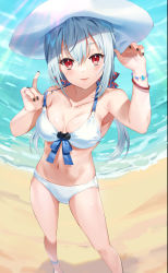 Rule 34 | 1girl, arm up, armpits, bare shoulders, beach, bikini, black nails, breasts, collarbone, commentary request, day, hair between eyes, hakase fuyuki, hand on headwear, hand up, hat, highres, long hair, medium breasts, mosomoso, nail polish, navel, nijisanji, outdoors, parted lips, red eyes, sand, silver hair, smile, solo, standing, swimsuit, very long hair, virtual youtuber, water, white bikini, white hat