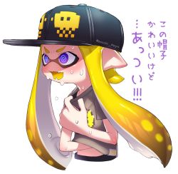 Rule 34 | 1girl, @ @, black hat, black shirt, blonde hair, blouse, blue eyes, blunt bangs, collar tug, commentary, crazy eyes, cropped torso, fangs, hand under clothes, hat, highres, inkling, inkling girl, inkling player character, mask, monster girl, nintendo, pointy ears, print shirt, puchiman, shirt, simple background, standing, sweat, t-shirt, tentacle hair, translated, white background