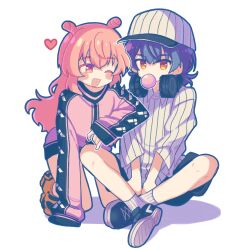 Rule 34 | 2girls, :d, akazaki kokoro, arm on another&#039;s shoulder, arm rest, arms between legs, baseball cap, black footwear, black headphones, black jacket, blush stickers, blowing bubbles, chewing gum, collared shirt, commentary request, crossed ankles, double bun, full body, grey hair, hair bun, hat, headphones, headphones around neck, heart, highres, idoly pride, igawa aoi, jacket, kabotd, kneeling, long hair, long sleeves, looking at another, multicolored clothes, multicolored jacket, multiple girls, no pants, one eye closed, open mouth, orange eyes, pink eyes, pink hair, pink jacket, pinstripe hat, pinstripe pattern, pinstripe shirt, shadow, shirt, shoes, short hair, sidelocks, simple background, sitting, smile, sneakers, socks, striped, thai commentary, two-tone jacket, white background, white headwear, white shirt, white socks