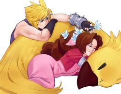 Rule 34 | 1boy, 1girl, aerith gainsborough, blonde hair, blue eyes, blue shirt, braid, brown hair, buttons, chocobo, closed eyes, cloud strife, cropped jacket, dress, final fantasy, final fantasy vii, flower, gloves, hair flower, hair ornament, hair ribbon, holding, holding flower, hollyfig, jacket, long dress, muscular, muscular male, parted bangs, pink dress, pink ribbon, red jacket, ribbon, shirt, sleeveless, sleeveless shirt, spiked hair, square enix, upper body, white background