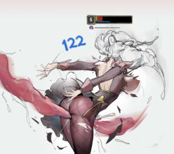 Rule 34 | 1girl, arched back, ass, bow, breasts, brown pantyhose, character request, cone hair bun, gwen (league of legends), hair bun, health bar, large breasts, league of legends, leaning forward, long hair, long sleeves, long tongue, nipples, pantyhose, redooo, shiny clothes, solo focus, tahm kench, tongue, torn clothes, white background, white hair