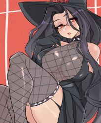 Rule 34 | 1girl, black gloves, breasts, choker, commission, dress, elbow gloves, eyebrows, fishnet armwear, fishnet thighhighs, fishnets, flower, garter belt, glasses, gloves, goth fashion, hat, highres, large breasts, lips, looking at viewer, mole, mole under mouth, orange eyes, original, rose, sitting, spiked choker, spiked thighlet, spikes, thighhighs, witch, witch hat, yoshiikirablr
