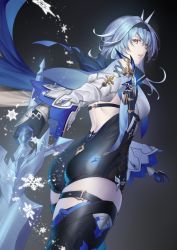 Rule 34 | 1girl, ass, backless outfit, bare shoulders, black gloves, blue hair, breasts, cape, eula (genshin impact), genshin impact, gloves, hair ornament, highres, long sleeves, looking back, medium breasts, medium hair, nashoki, parted lips, sideboob, skindentation, snowflakes, solo, thighhighs, thighs, wide sleeves, yellow eyes