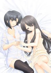Rule 34 | 2girls, bed, lingerie, multiple girls, simple background, thighhighs, underwear, white background, yuri
