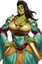 Rule 34 | 1girl, absurdres, black hair, borrowed character, breasts, cleavage, collarbone, colored skin, covered abs, covered navel, cowboy shot, curvy, dress, eyebrow cut, female orc, green dress, green eyes, green skin, hands on own hips, head tilt, highres, huge breasts, large breasts, long dress, long hair, multicolored clothes, multicolored dress, muscular, muscular female, orc, original, pointy ears, shoulder tattoo, smirk, solo, sotcho, tattoo, thick eyebrows, white background, wide sleeves
