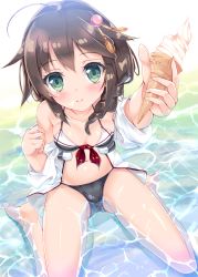 Rule 34 | 10s, 1girl, bad anatomy, bare legs, barefoot, blush, braid, breasts, brown hair, cleavage, food, fukuda shuushi, gradient background, green eyes, hair ornament, hair over shoulder, highres, ice cream, ice cream cone, kantai collection, looking at viewer, navel, open clothes, open shirt, shigure (kancolle), shigure kai ni (kancolle), shirt, short hair, single braid, sitting, small breasts, smile, soft serve, solo, swimsuit, wariza, water