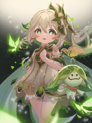 Rule 34 | 1girl, 1other, :d, aranara (genshin impact), bloomers, bracelet, braid, bug, butterfly, cape, commentary request, detached sleeves, dress, genshin impact, gradient hair, green eyes, green theme, grey hair, hair between eyes, hair ornament, highres, insect, jewelry, long hair, looking at viewer, multicolored hair, nahida (genshin impact), open mouth, pointy ears, short sleeves, side ponytail, sidelocks, simple background, single braid, smile, solo focus, spica (user fkhz8277), symbol-shaped pupils, two-tone hair, underwear, white dress